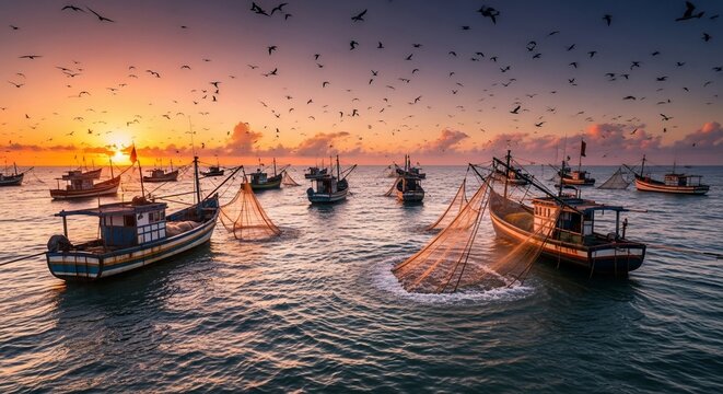 Fishing boats on the ocean at sunset