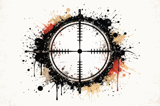 Grungy Vintage Rifle Scope Target Illustration with Ink Paint Splatters and Distressed Texture, Distant Sniper Sight Crosshair Vector Design for Urban Tactical Graphics and Sport Competitions