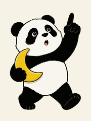 Naklejka premium Cute cartoon panda holding crescent moon pointing upward