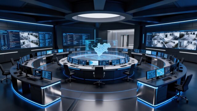 Futuristic command center with circular desk