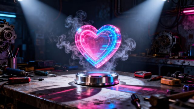 Heartshaped neon light on workbench