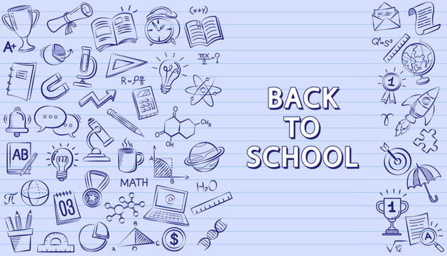 Back to school background with hand drawn education doodles and school supplies on notebook lined paper for student academic study e-learning webinar backdrop creative classroom poster 