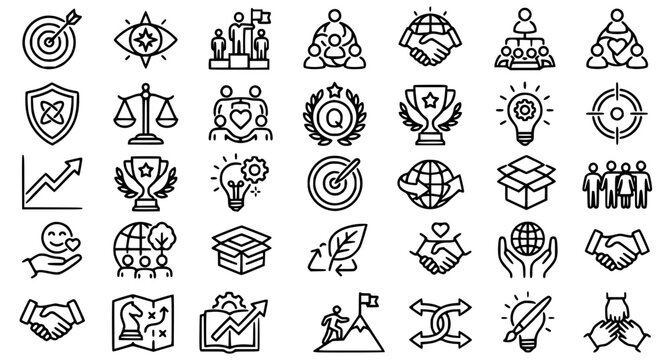 Thin line business core values and corporate strategy icon set with mission vision integrity and success symbols editable stroke vector isolated on white