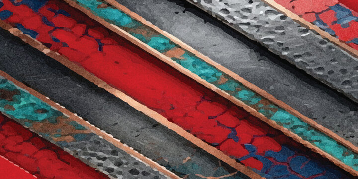 Abstract luxury background featuring diagonal stripes with mixed material textures including red paper, hammered steel, turquoise patina, cracked slate, and fine gold trim accents.