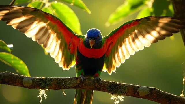 Colorful parrot perched on branch spreading wings in rich sunlight. Lush green backdrop highlights feathers. Concept of wildlife, nature, birdwatching