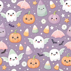 Naklejka premium Halloween themed cartoon characters with candy and spooky elements pattern design