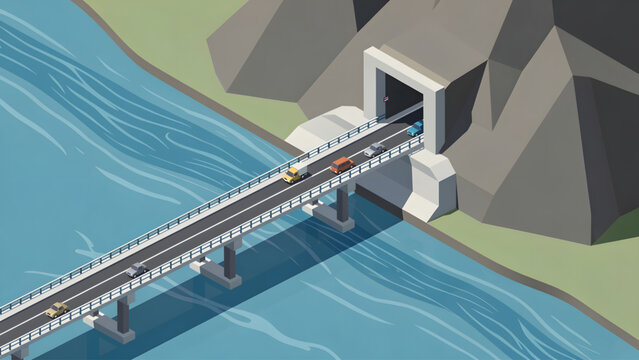 modern train crossing long bridge over blue river entering tunnel in gray mountains
