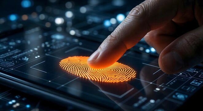 Human index finger touching biometric sensor screen digital interface displaying glowing orange fingerprint authentication security access system for mobile device data protection tech scan.