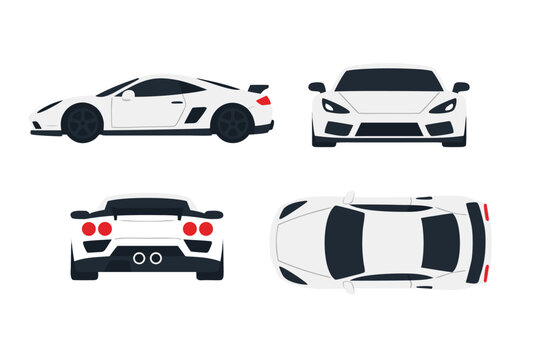 Sleek modern sports car vector template featuring multiple perspectives including side, front, back, and top views in a clean flat style without gradients or complex effects for easy customization.