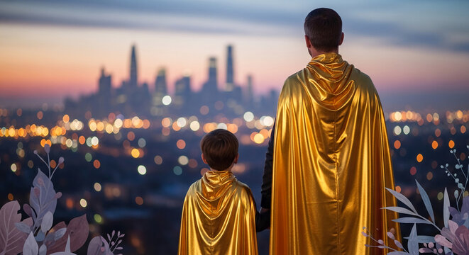 Two figures in gold capes stand against a blurred city skyline at dusk, symbolizing aspiration, dreams, and the protection of family or a community.