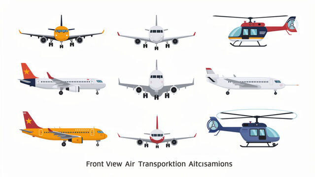 collection of colorful airplanes and helicopters front and side view transport icons