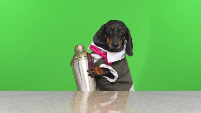 Black dachshund dog dressed as bartender in waistcoat with pink bowtie holding metallic cocktail shaker on green chroma key background