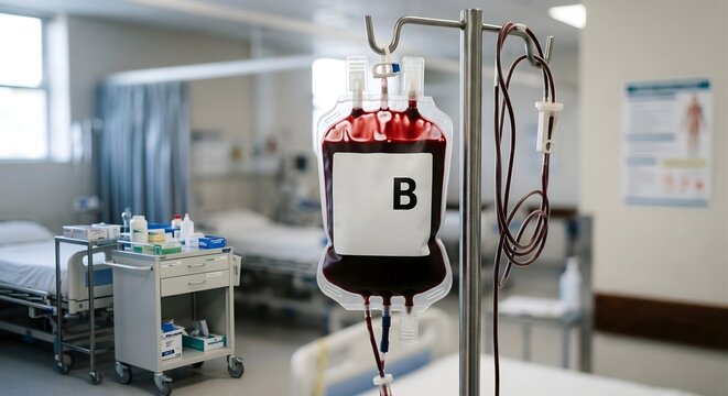 Blood donation bag type b hanging on medical drip stand in hospital ward patient room for emergency transfusion procedure with clinical healthcare equipment background in clinic setting.