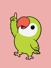 Obraz premium Cute Cartoon Green Parrot Pointing Upwards