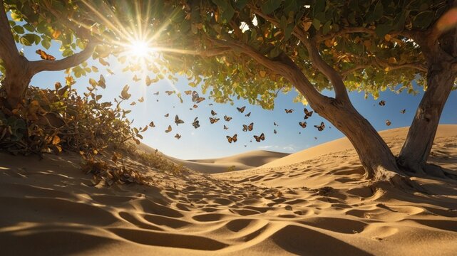Serene desert landscape with sunlight filtering through trees, butterflies fluttering above sandy dunes