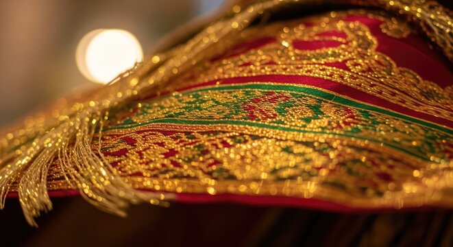 Intricate Gold Embroidery on Red Fabric.