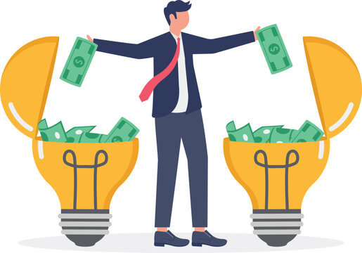Professional balancing money bills between two open creative bulbs