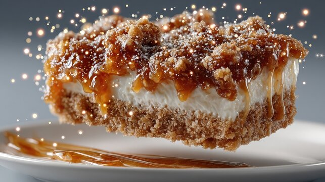 A decadent levitating caramel dessert square featuring creamy layers and golden syrup drips surrounded by magical sparkling dust particles on a clean plate