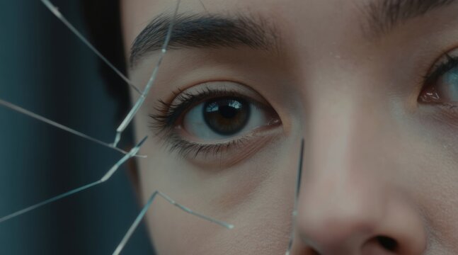 Close up of woman eye through cracked mirror. Reflection fragmented, showing fractured self-perception, inner turmoil. Image conveys distress, anxiety, mental health struggles. Broken identity,