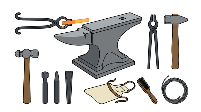 A collection of various professional blacksmithing metalworking equipment including a central heavy anvil, hammers, tongs, and chisels arranged on a clean plain white background.