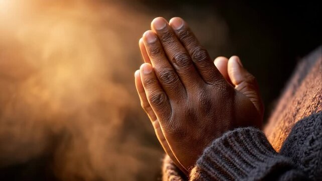 Hands are pressed together in prayer position. Soft light creates warm glow in dim environment. Concept of meditation, spirituality, wellness