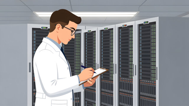 scientist examining server racks with black and gray technology equipment in data center