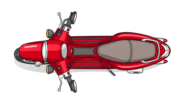 red vintage scooter top view with round headlights and brown seat on white background