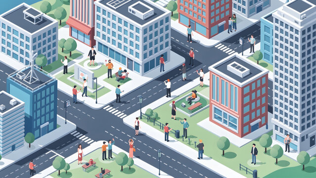 isometric city intersection with modern buildings people walking trees and roads urban life