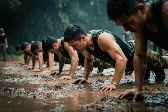 Soldiers do pushups in mud during a military training exercise. They show focus and endurance in difficult conditions. This bootcamp challenge tests their physical limits.