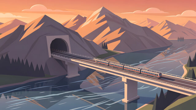 train crossing bridge over river with tunnel in orange mountain landscape at sunset