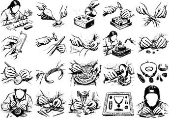 Fototapeta premium Vintage Black and White Food Cooking Bakery Coffee Icons Collection Illustration
