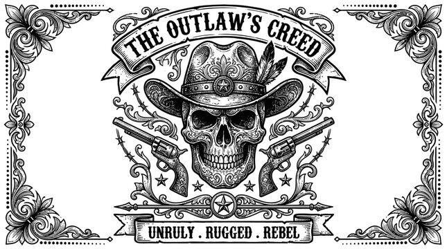 Skull Wearing Cowboy Hat with Guns and Outlaw's Creed