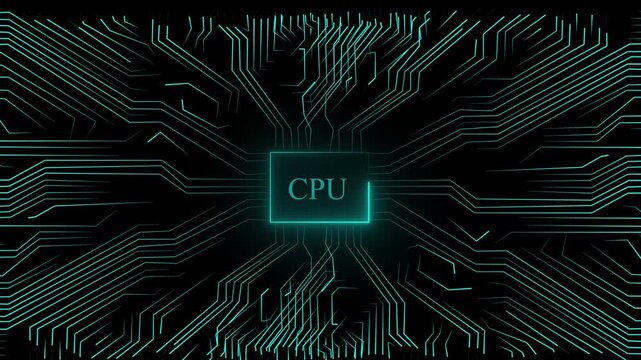 Glowing neon technology circuit board with CPU text icon on black background and screen with green color. Neon line Circuit Board moving electrons Data Flow Loop Background ???