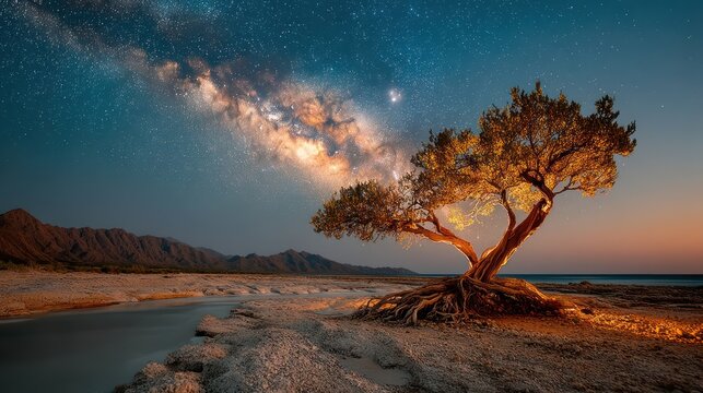 A solitary tree basks in the celestial glow of a vibrant Milky Way over a tranquil coastline