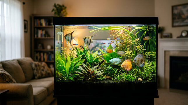 Vibrant Freshwater Aquarium Ecosystem Teeming with Colorful Tropical Fish and Lush Green Aquatic Plants