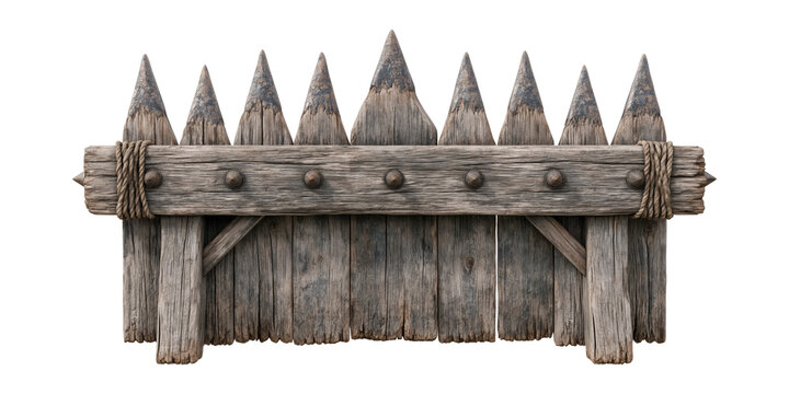 A medieval barricade with spikes, fences and walls isolated on transparent background. Concept of abatis and siege fortification.