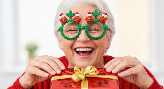 Enthusiastic face with white hair and festive glasses laughs joyfully while energetic hands vigorously unwrap a brightly hued holiday gift, decoration, cozy, emotional
