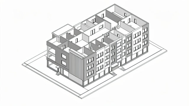 3D white architectural model of modern apartment complex with multiple rooms and floors