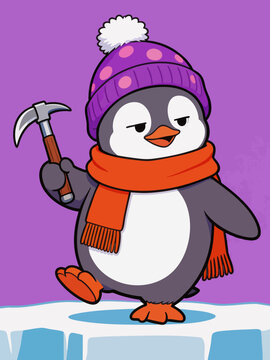 Cute Cartoon Penguin Holding Ice Pick Ready to Work