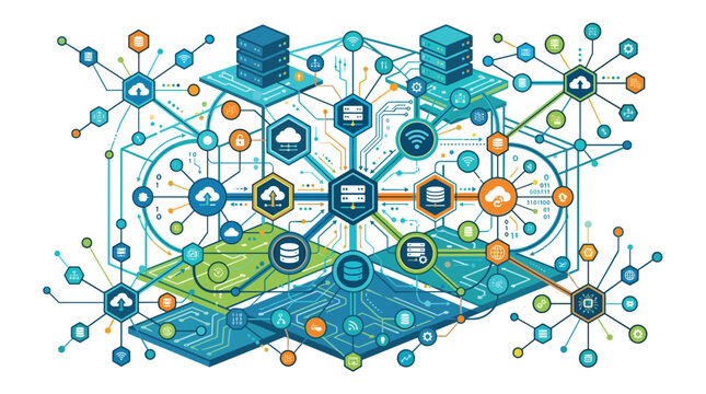 A centralized digital server hub connects to various cloud data nodes through a series of geometric line pathways in a minimalist blue and orange schematic diagram.