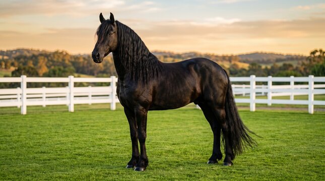 Majestic black stallion horse standing gracefully on a lush green pasture field at sunset with white ranch fence under soft golden lighting for equestrian luxury concept