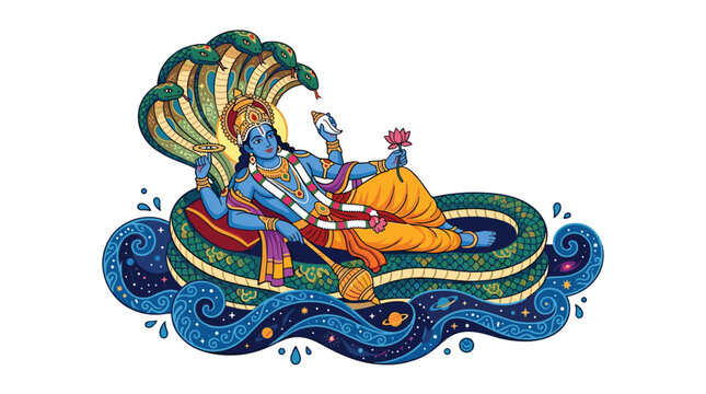 Vishnu reclines on his serpent bed, Ananta, under the protective hood of a cobra, set against a backdrop of stars and ocean waves.