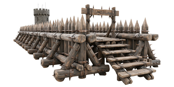 A medieval barricade with spikes, fences and walls isolated on transparent background. Concept of abatis and siege fortification.