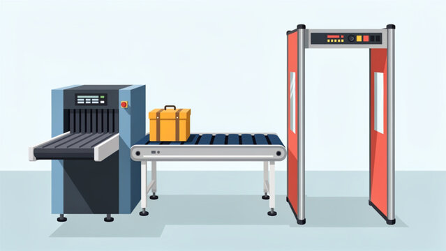 security checkpoint with luggage scanner metal detector and conveyor belt in airport