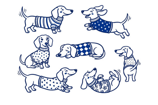 Cute Dachshund Dog Character Doodle Set; Minimalist Funny Wiener Puppy Wearing Cozy Sweaters and Pullovers Vector Line Art Illustration Collection on Beige Background