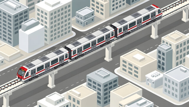 modern elevated light rail train in gray and red colors running through city buildings