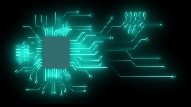 CPU text on a glowing teal digital circuit board with intricate lines on a black background Search Engine Optimization 4k video
