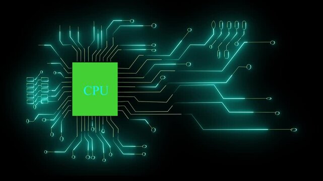 CPU text on a glowing teal digital circuit board with intricate lines on a black background Search Engine Optimization 4k video