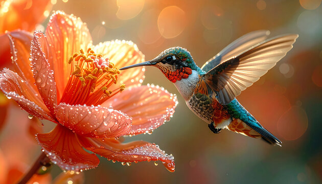 Hummingbird approaching flower sunlight