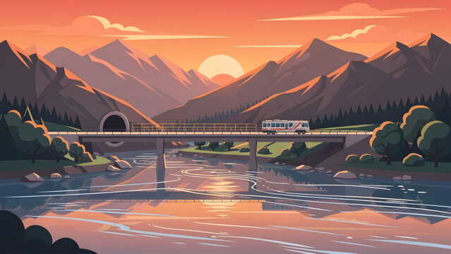 modern train crossing bridge over reflective river with orange sunset mountains background